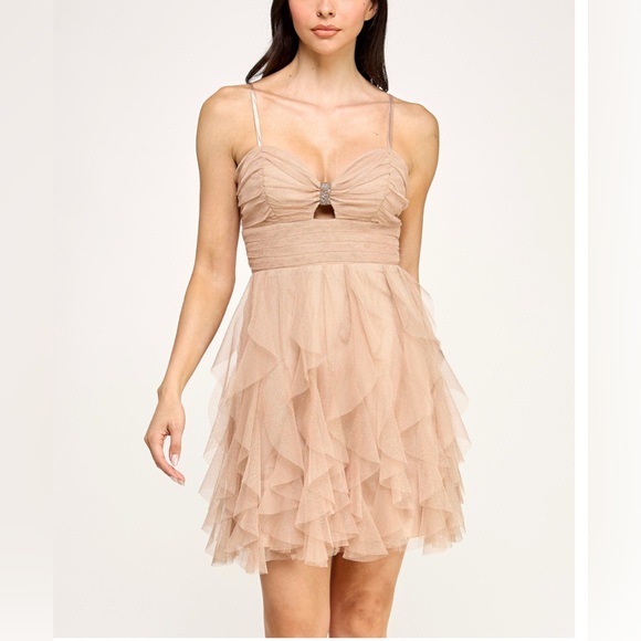 Chic Beige Ruffle Mini Dress - Picture 1 of 13